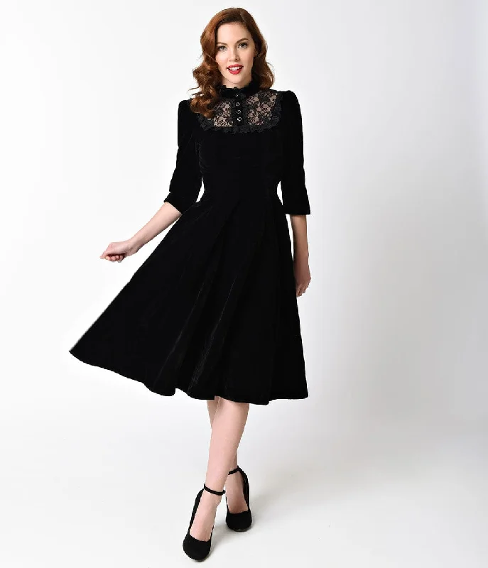 1940s Style Black Velvet & Lace Nightshade Half Sleeve Swing Dress