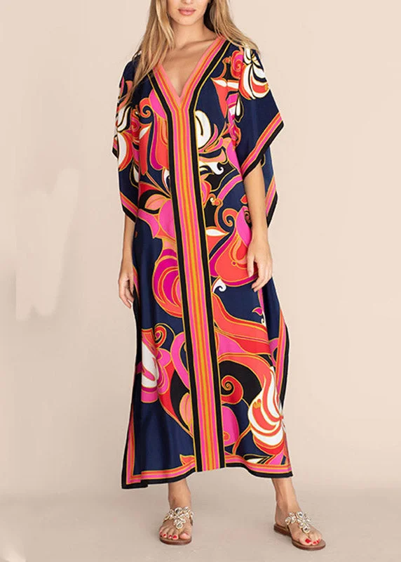 Long Kaftan Bohemian Printed Bikini Cover Ups Sexy V Neck