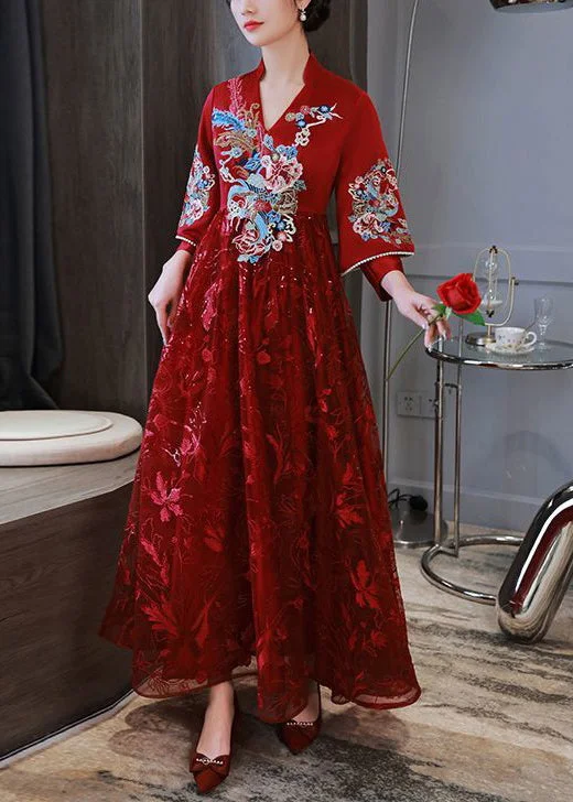 Elegant Red Embroidered Patchwork Lace Long Dress Spring