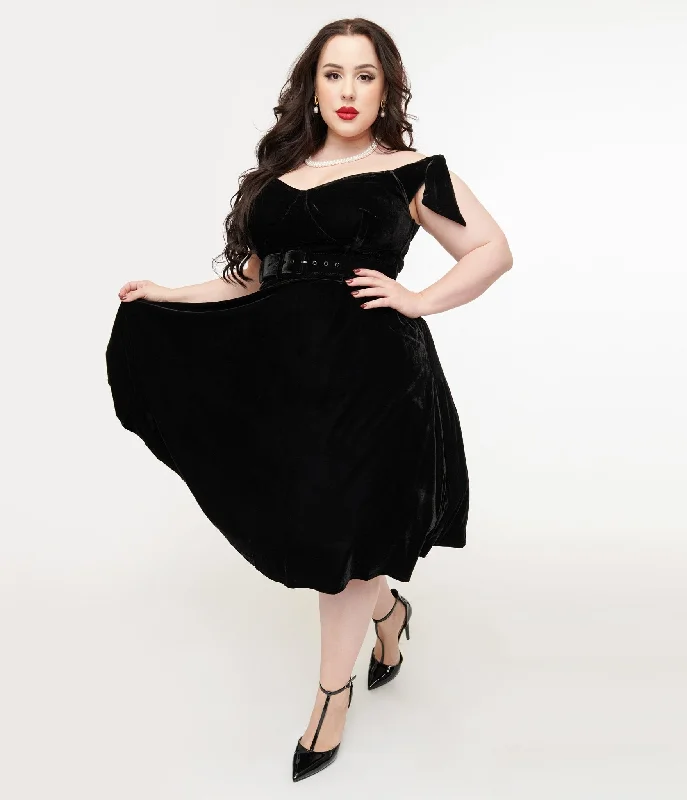 Unique Vintage Plus Size 1960s Black Velvet Prairie Swing Dress