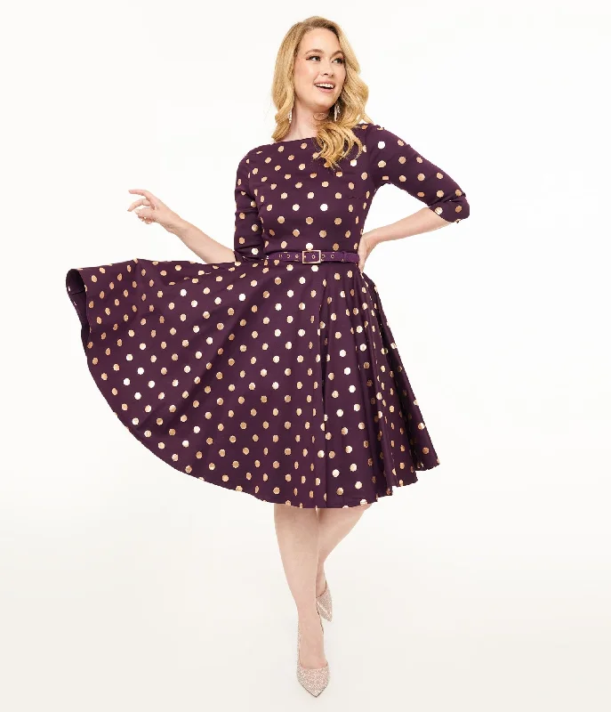 Unique Vintage 1950s Eggplant Rose Foil Polka Dot Devon Swing Dress