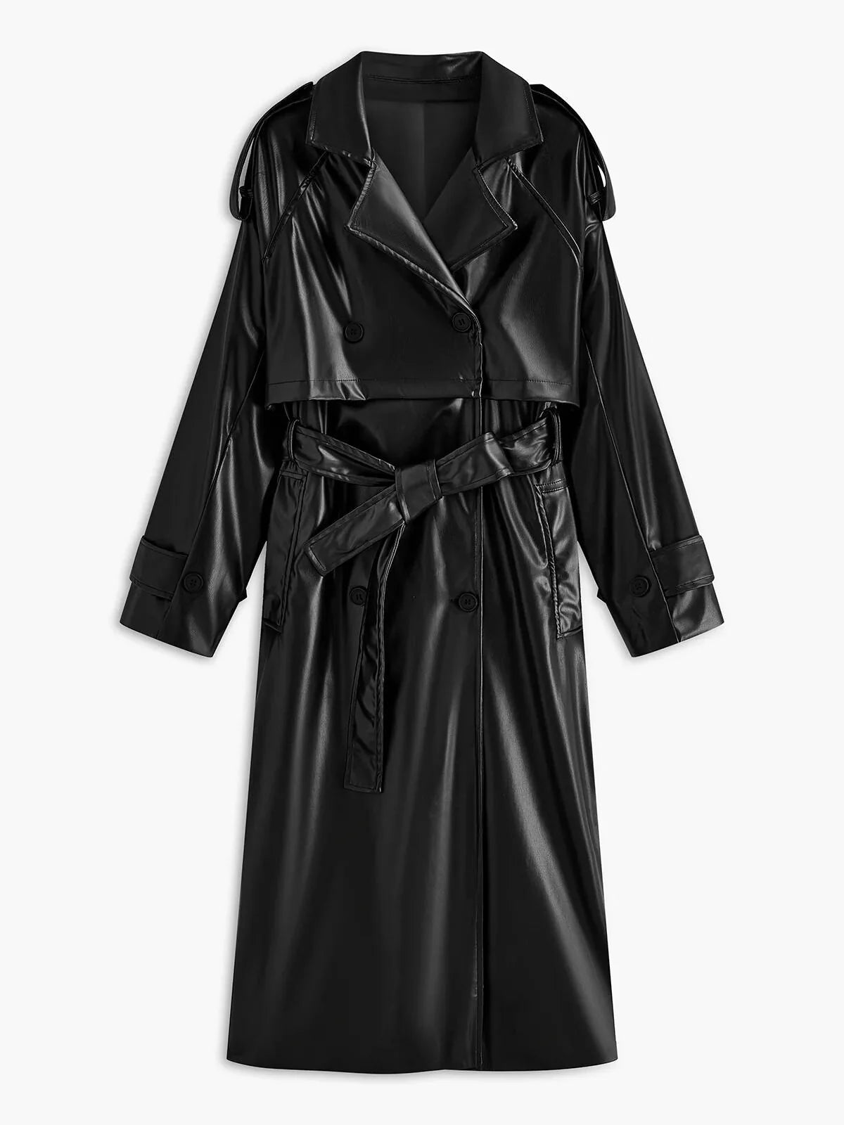 Belted Faux Leather Long Jacket