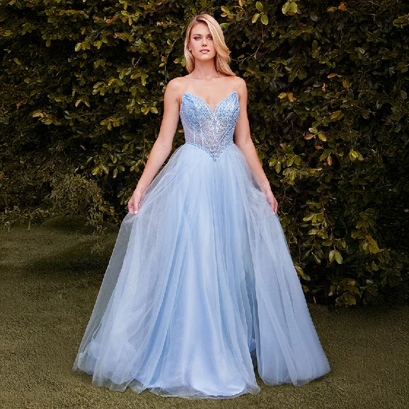 Cinderella Divine Light Blue Beaded Strapless Tulle Prom Dress