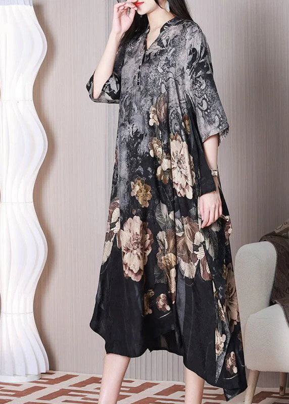 Boho Grey Asymmetrical Design Print Silk Dresses Half Sleeve