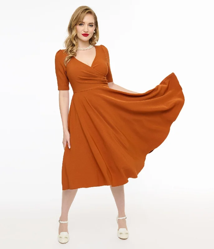 Voodoo Vixen 1950s Orange Wrapover Swing Dress