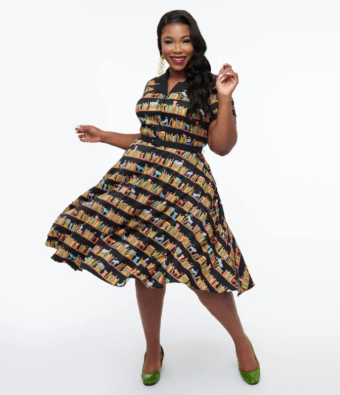 Unique Vintage Plus Size 1950s Cat & Bookshelf Print Alexis Swing Dress