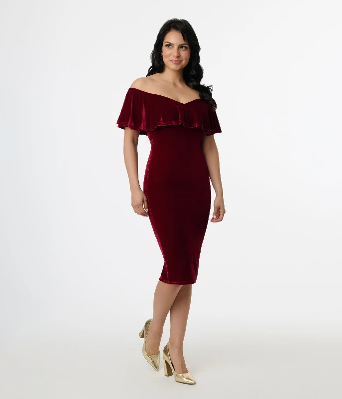 Unique Vintage 1950s Burgundy Red Velvet Sophia Wiggle Dress