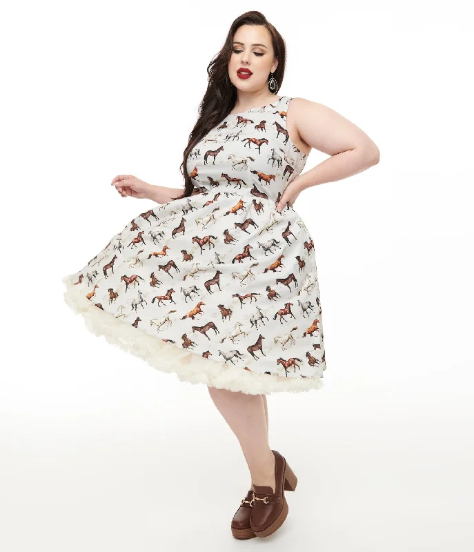 Retrolicious Plus Size 1950s White & Brown Horse Print Cotton Swing Dress