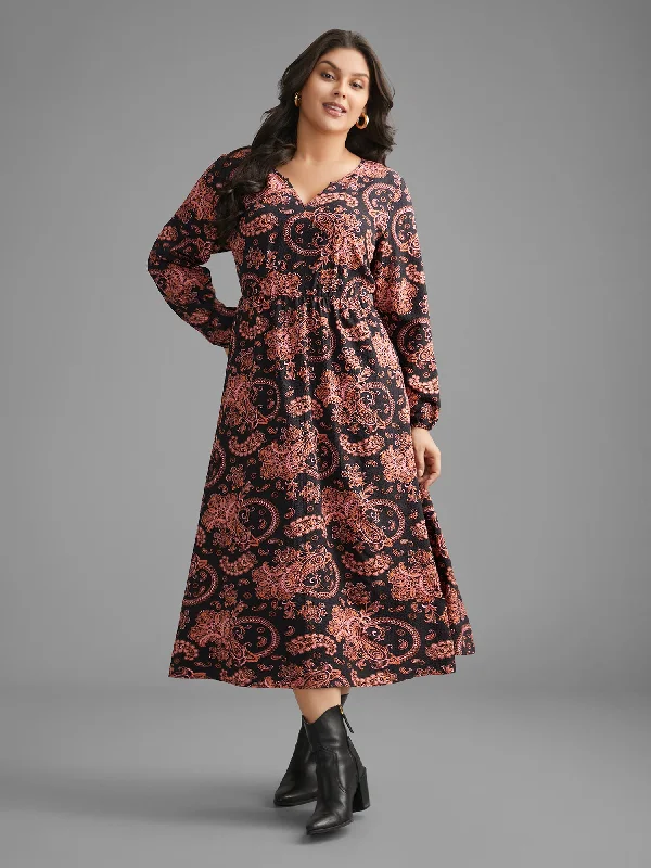 Boho Print Notched Collar Lantern Sleeve Dress