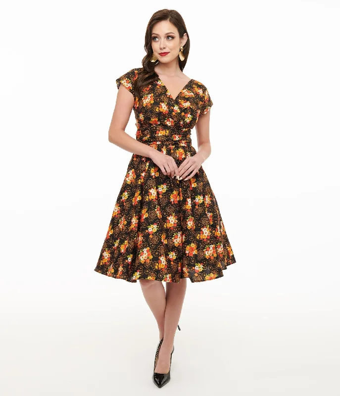 Retrolicious 1950s Autumn Floral Cotton Greta Swing Dress