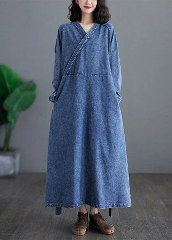 Handmade Denim Blue V Neck Patchwork Tie Waist Party Long Dress Long Sleeve