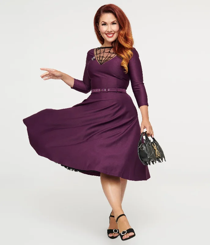 Unique Vintage 1950s Eggplant & Black Spiderweb Devon Swing Dress