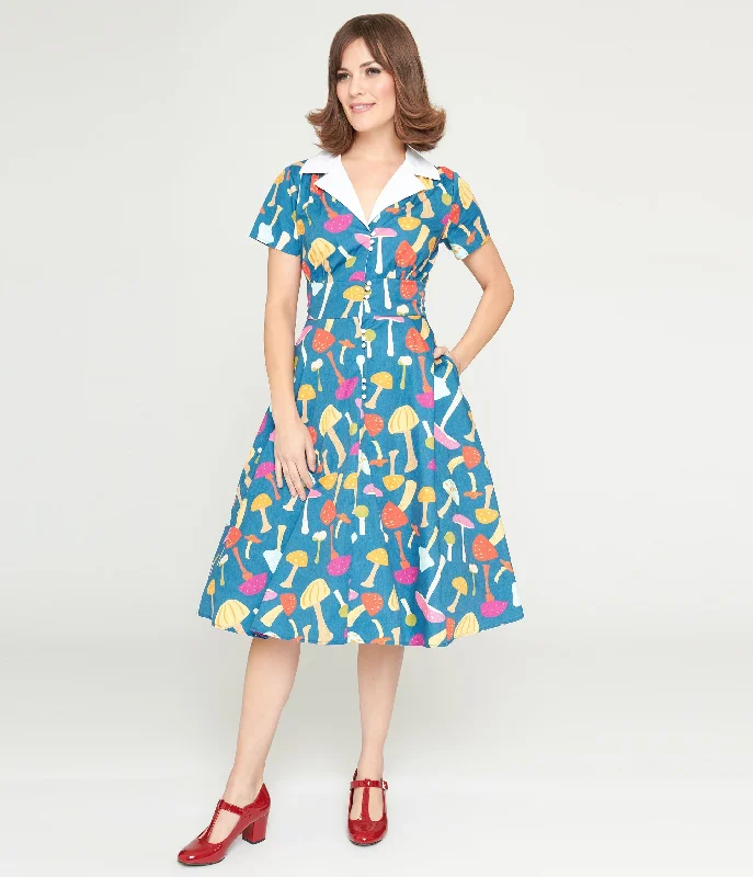 Unique Vintage Teal & Multicolor Mushroom Swing Dress