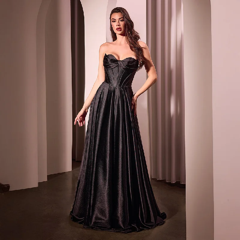 Cinderella Divine Black Satin Strapless A-Line Slit Prom Dress