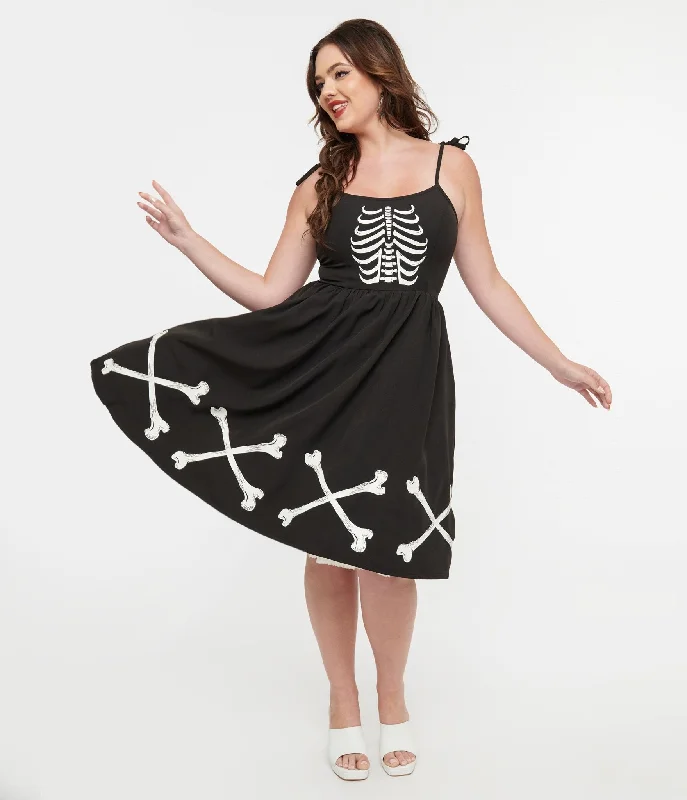 Unique Vintage 1950s Black & Glow in the Dark Skeleton Bobbie Swing Dress