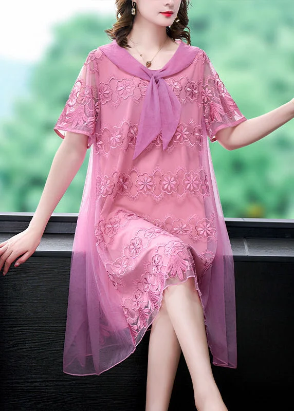 Handmade Pink Embroideried Patchwork Exra Large Hem Tulle Dresses Summer