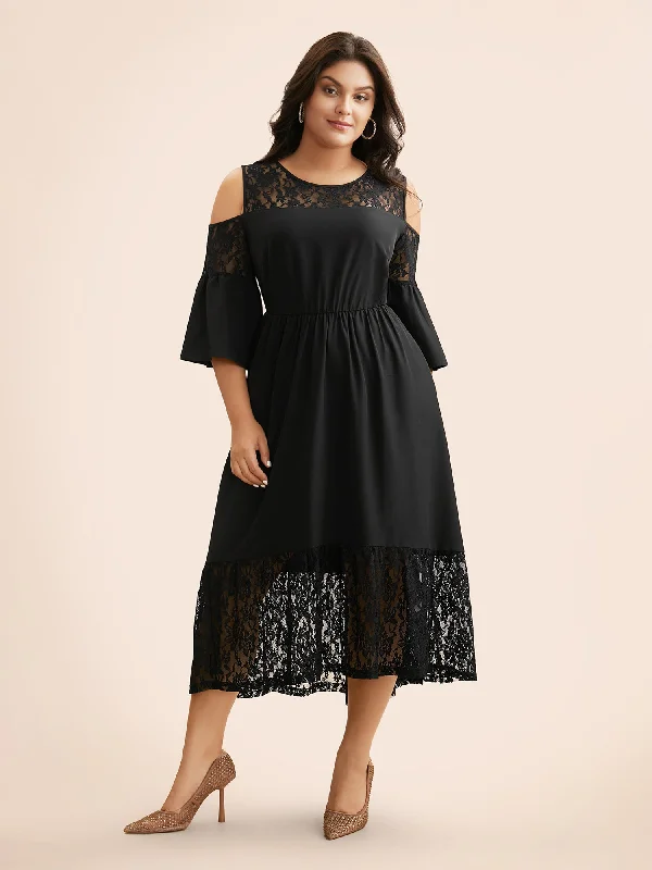 Crochet Lace Mesh Ruffle Sleeve Dress