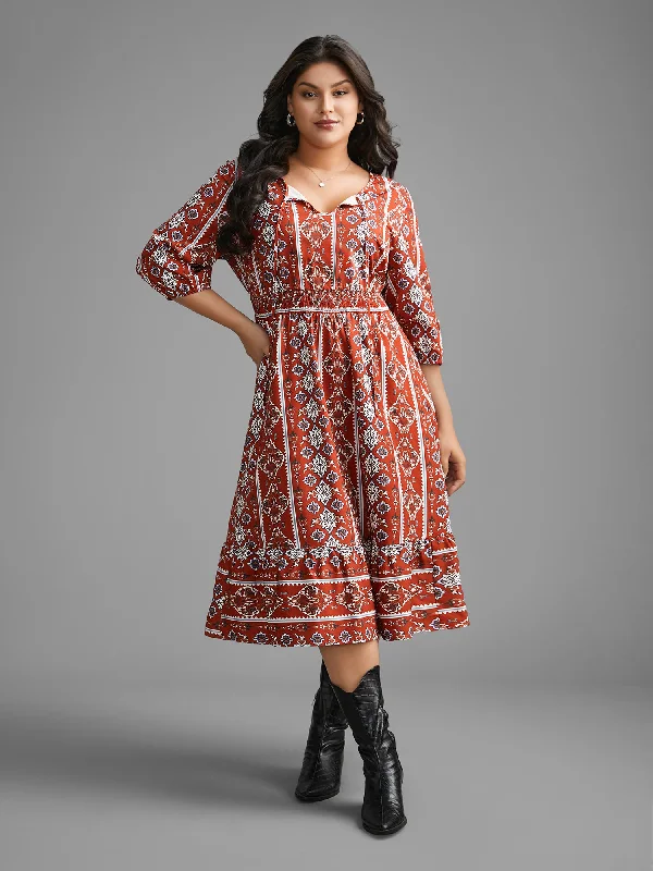 Boho Print Shirred Tie Knot Midi Dress