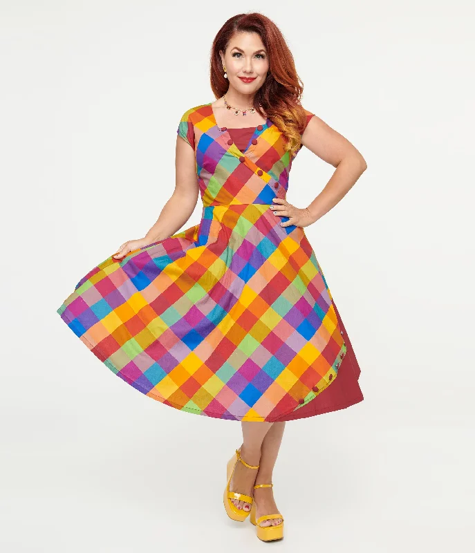 Unique Vintage 1950s Fall Madras Plaid Swing Dress