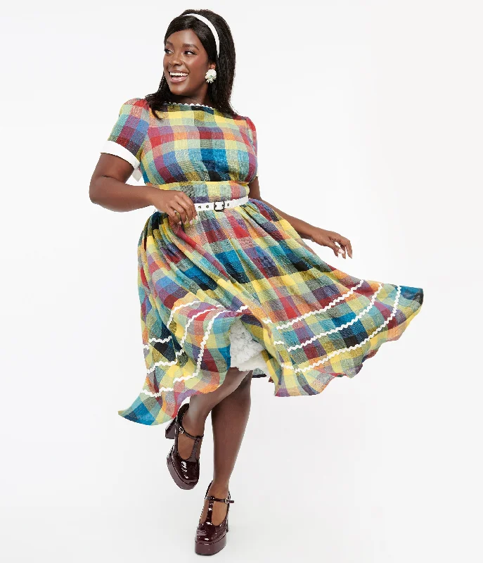 Unique Vintage Plus Size 1950s Multicolor Plaid Cotton Swing Dress