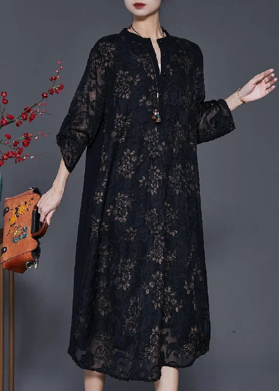 Organic Black Oversized Jacquard Cotton Maxi Dresses Spring