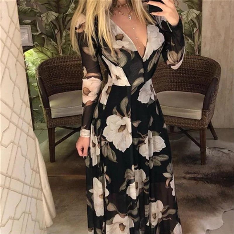 Julia Fashion - Women's Sexy V-Neck Long Sleeve Print Long Maxi Dress