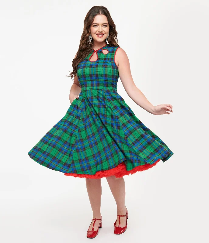 Banned 1950s Green & Blue Winter Check Swing Dress