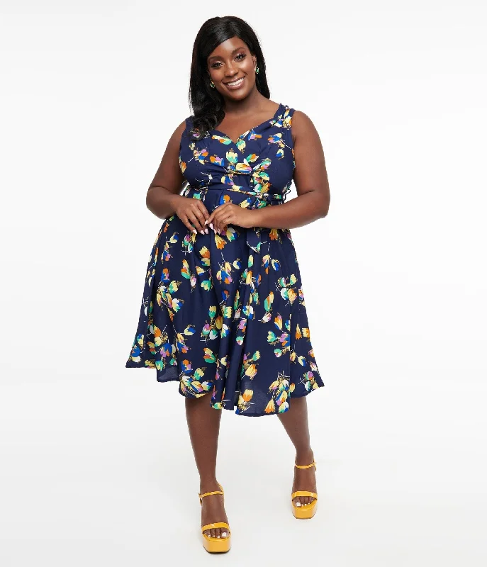 Plus Size 1950s Navy Floral Print Swing Dress