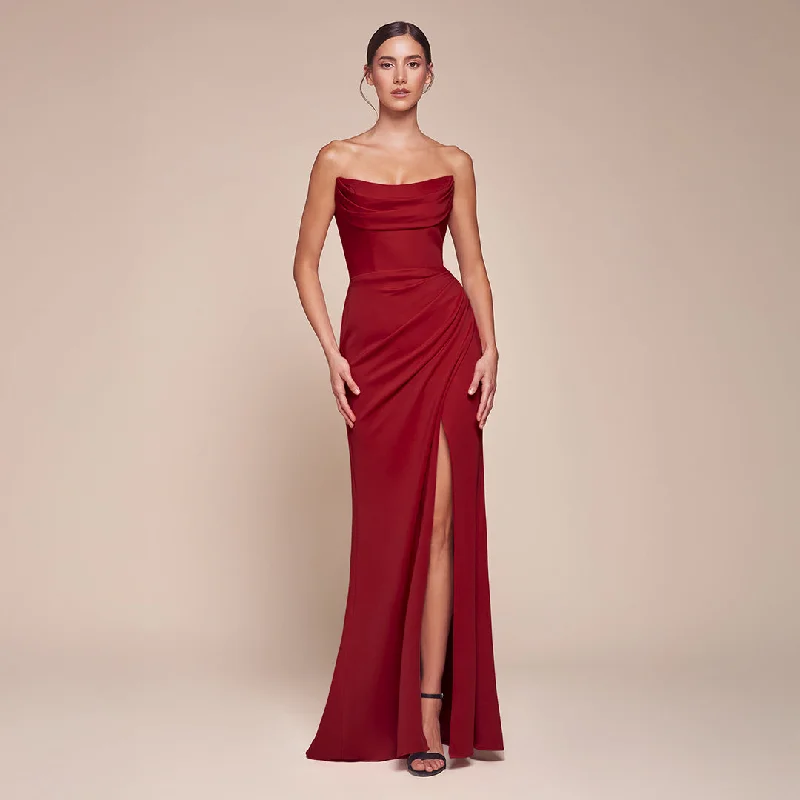 Cinderella Divine Red Chiffon Strapless Slit Prom Dress