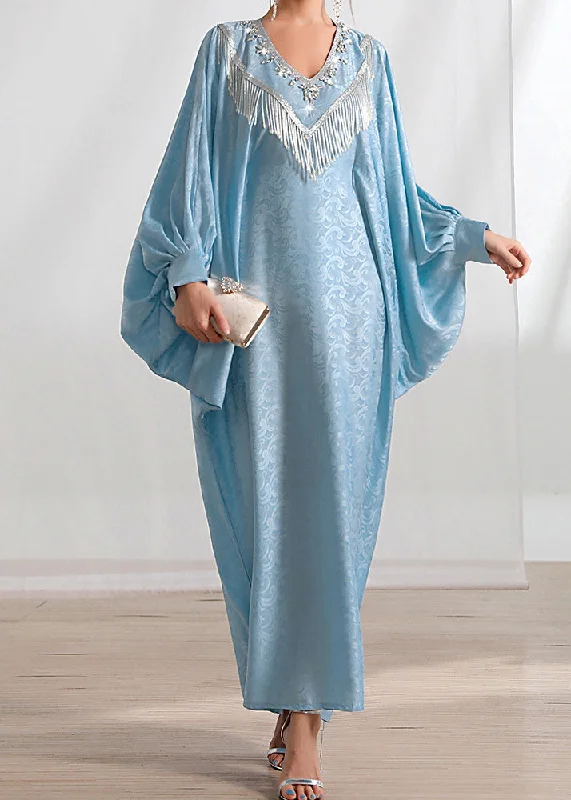 Loose Light Blue Tasseled Zircon Silk Long Dresses Batwing Sleeve