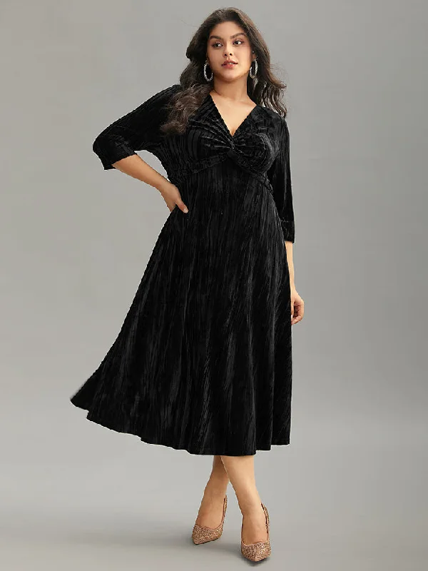 Plain Velvet V Neck Twist Front Dress