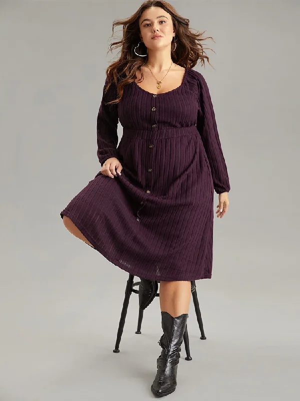 Solid Rib Knit Gathered Scoop Neck Dress