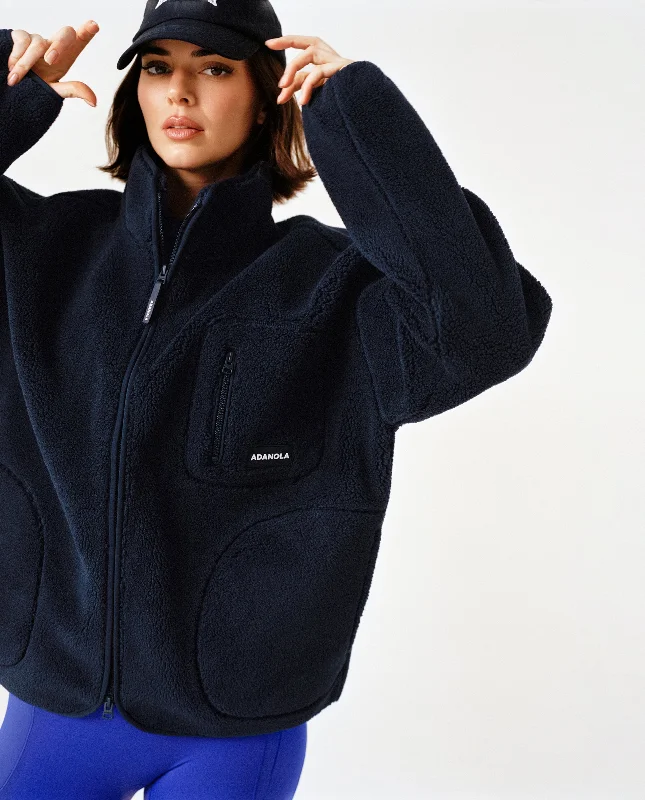 Oversized Pocket Zip Through Fleece - Navy Blue