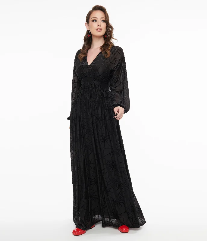 Unique Vintage 1970s Black Spiderweb Maxi Dress