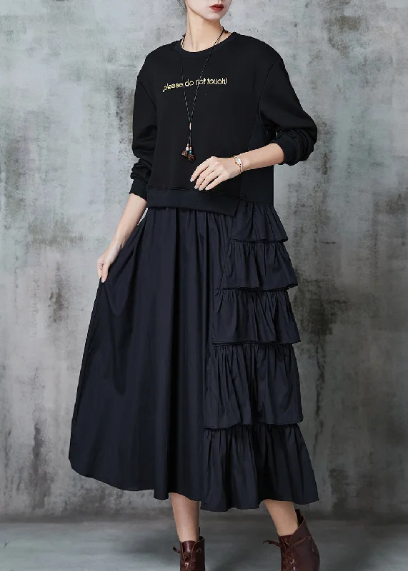 Black Patchwork Cotton Sweatshirt Dress Layered Ruffled Spring