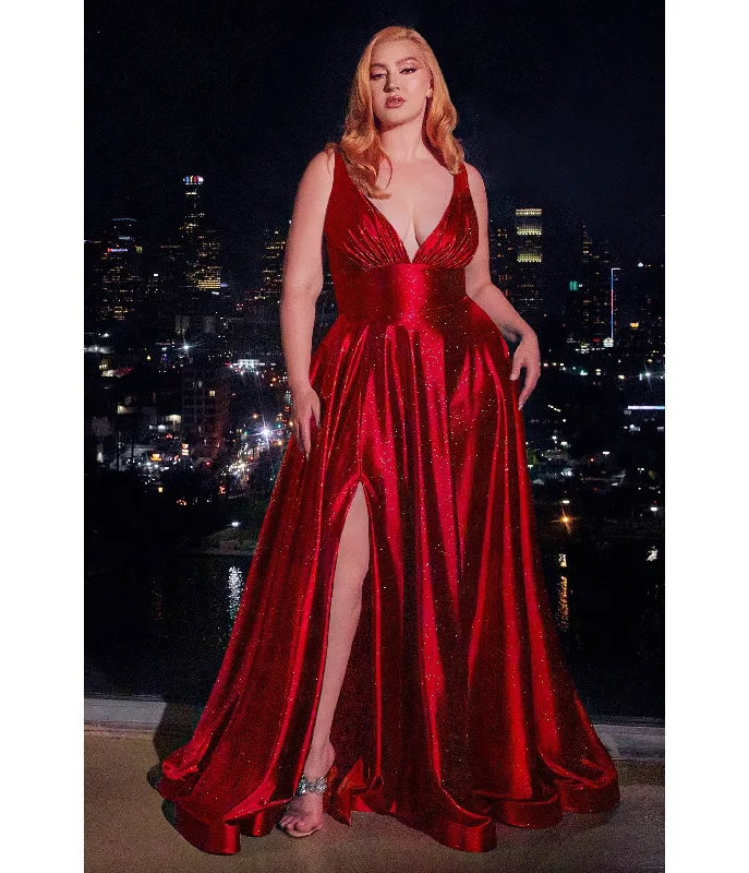 Cinderella Divine Plus Size Red Satin Prom Dress