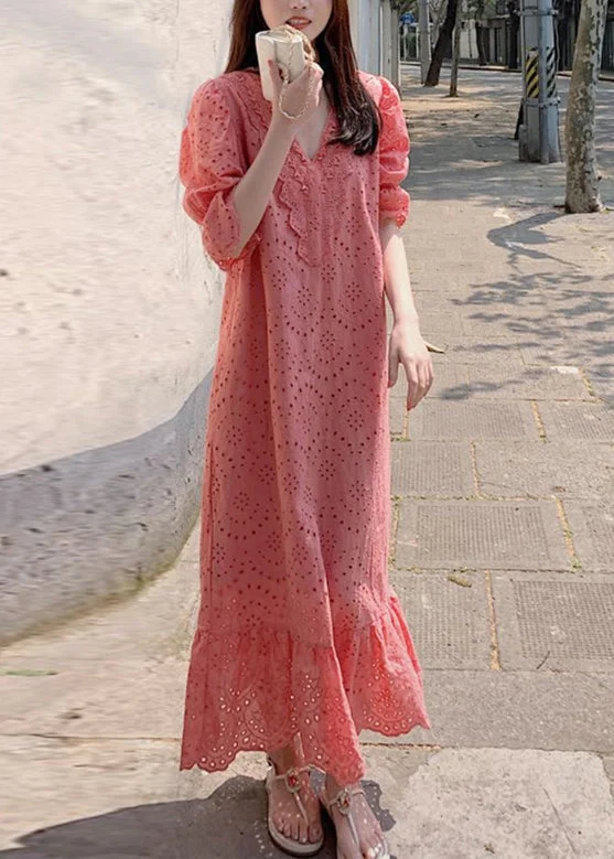 Women Orange V Neck Lace Patchwork Hollow Out Cotton Long Dresses Summer