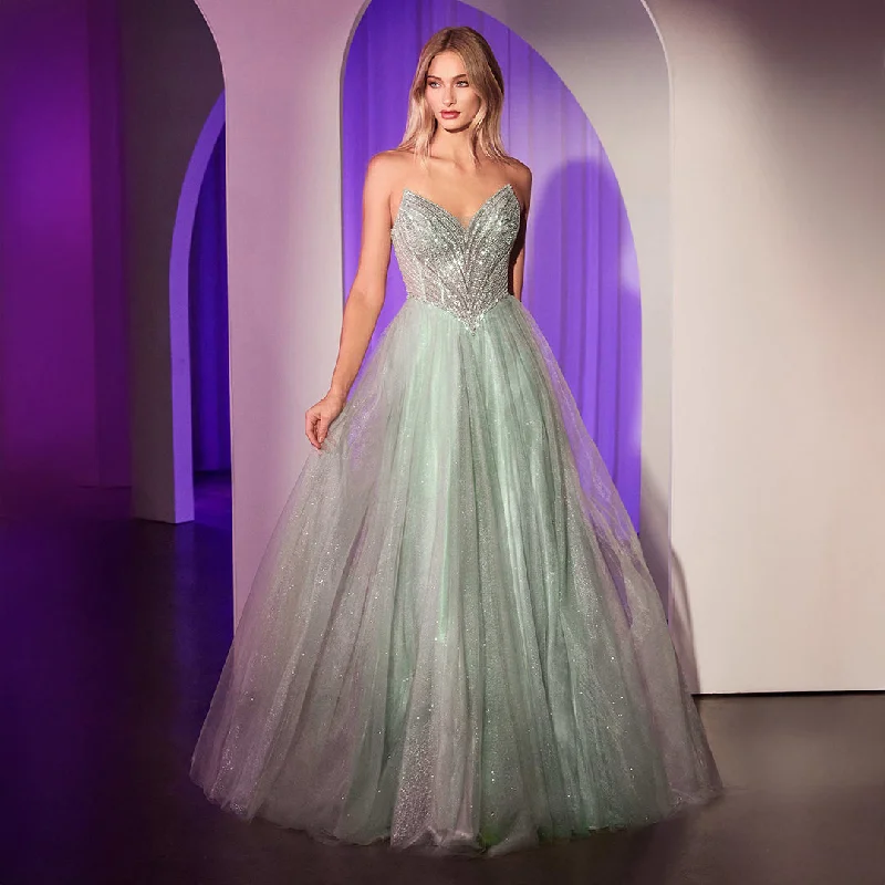 Cinderella Divine Sage Beaded Strapless Tulle Prom Dress