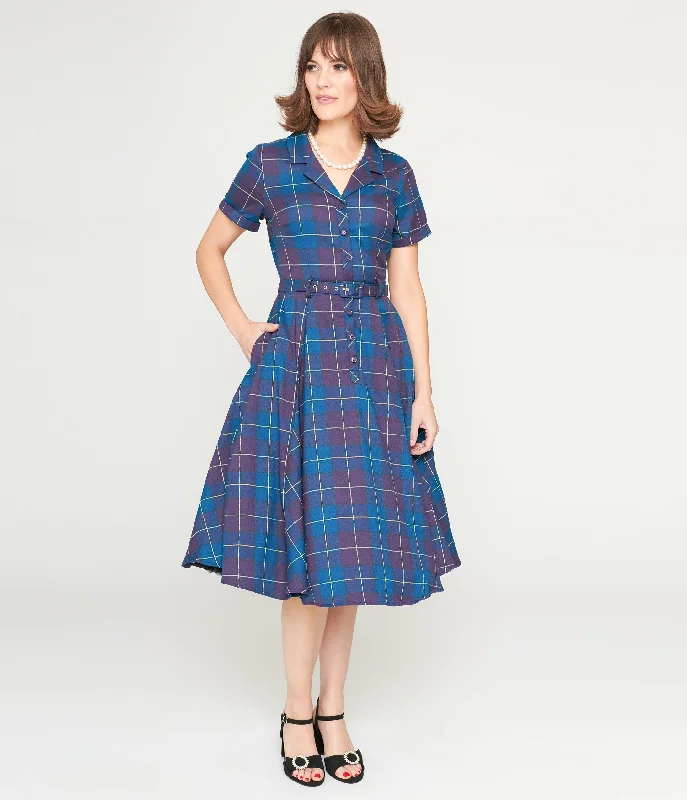 Collectif Teal & Purple Checkered Caterina Swing Dress