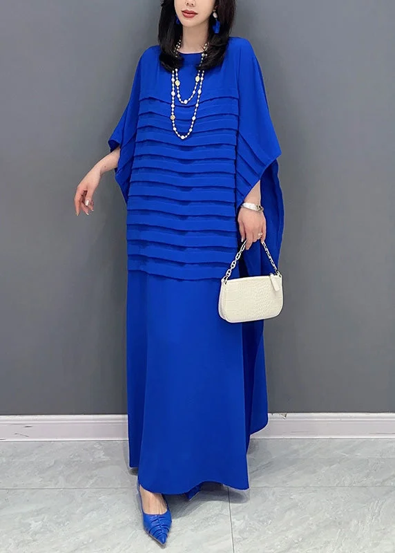 Blue O-Neck Wrinkled Solid Loose Dress Summer