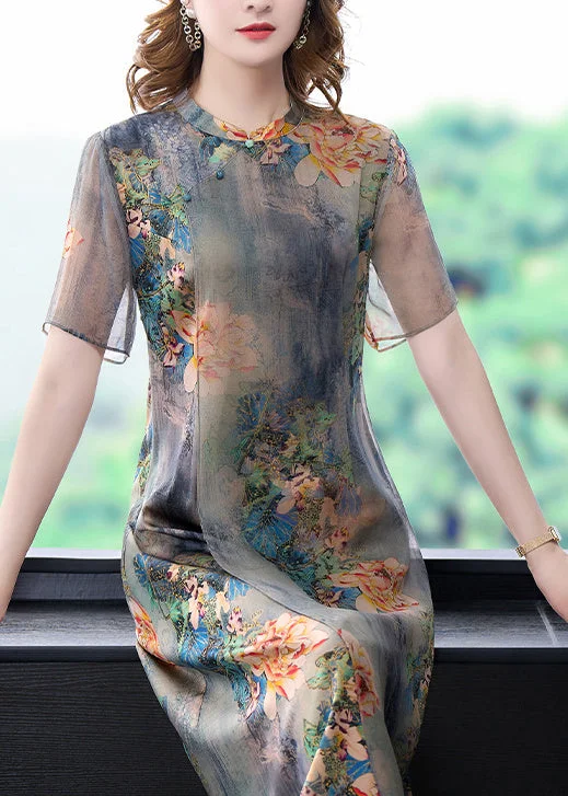 Women Light Grey Stand Collar Tie Dye Print Slim Fit Silk Dress Summer