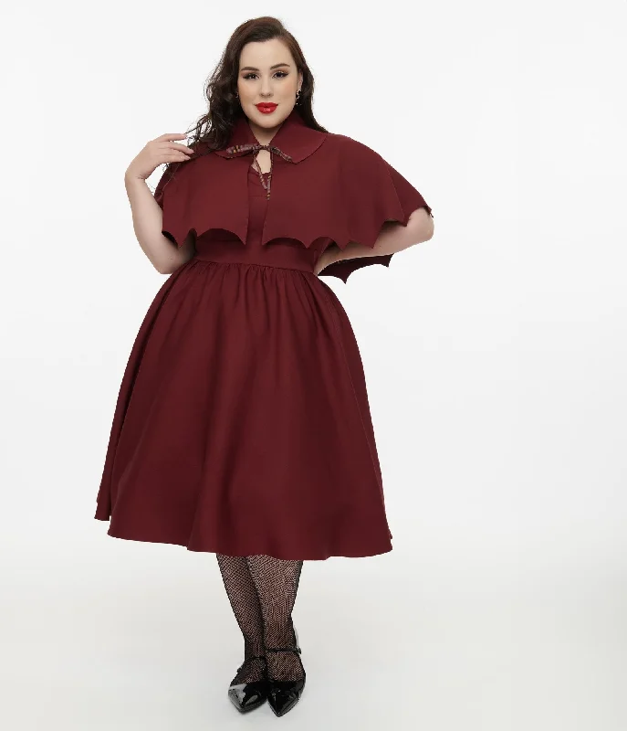 Disney Hocus Pocus Collection by Unique Vintage Plus Size Burgundy & Grey Plaid Hocus Pocus Capelet Swing Dress