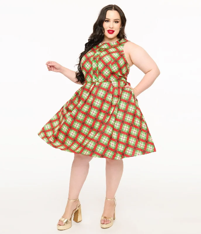 Retrolicious Plus Size 1950s Red Tartan Holiday Elizabeth Swing Dress