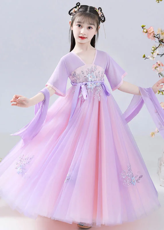 Art Purple Embroideried Tie Waist Tulle Kids Long Dresses Summer