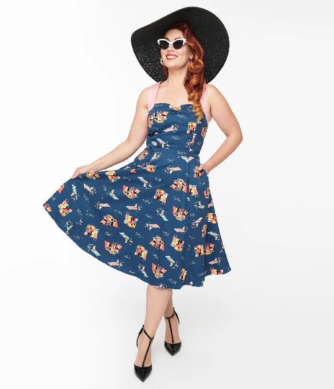 1950s Blue Cotton Portofino Living Print Swing Dress