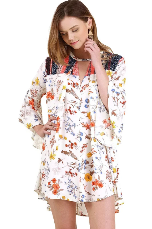 Floral Bell Sleeve Dress, Cream Mix