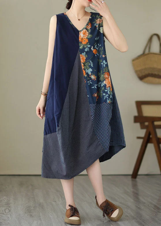 Unique Blue Asymmetrical Print Patchwork Linen Exra Large Hem Dress Sleeveless