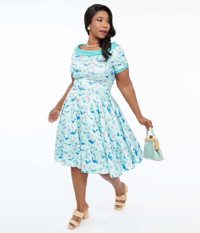 Dolly & Dotty 1950s Baby Blue Whale Print Darlene Swing Dress