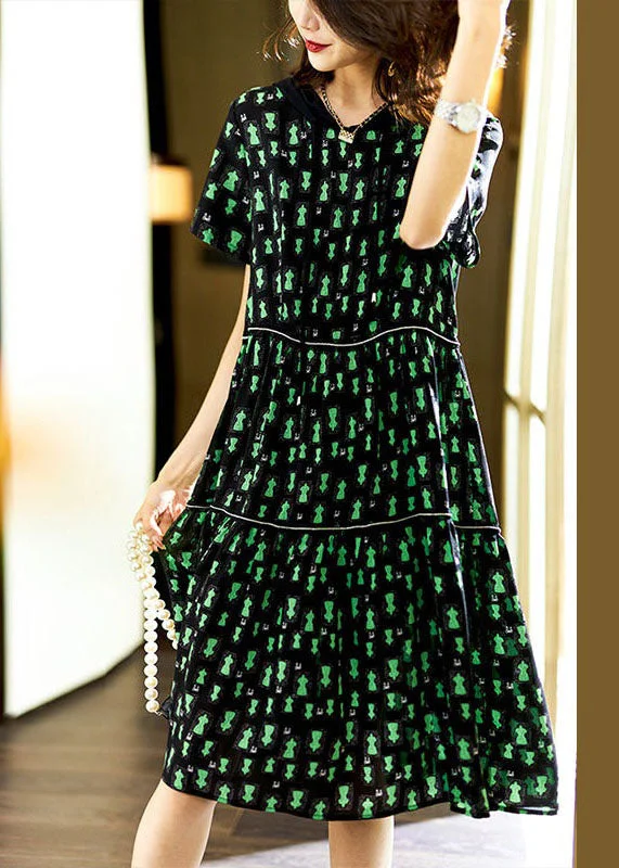 Unique Green Hooded Print Patchwork Chiffon Dresses Summer