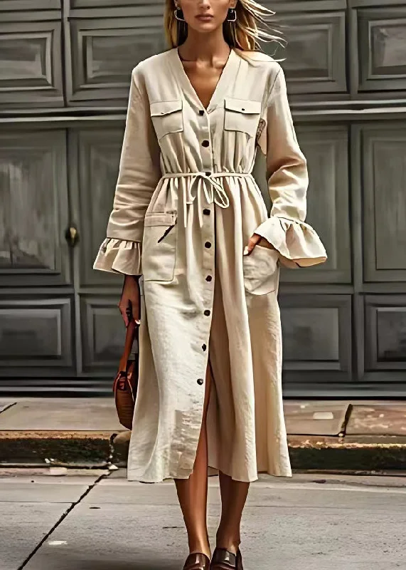 Elegant Beige V Neck Drawstring Pockets Cotton Dresses Long Sleeve